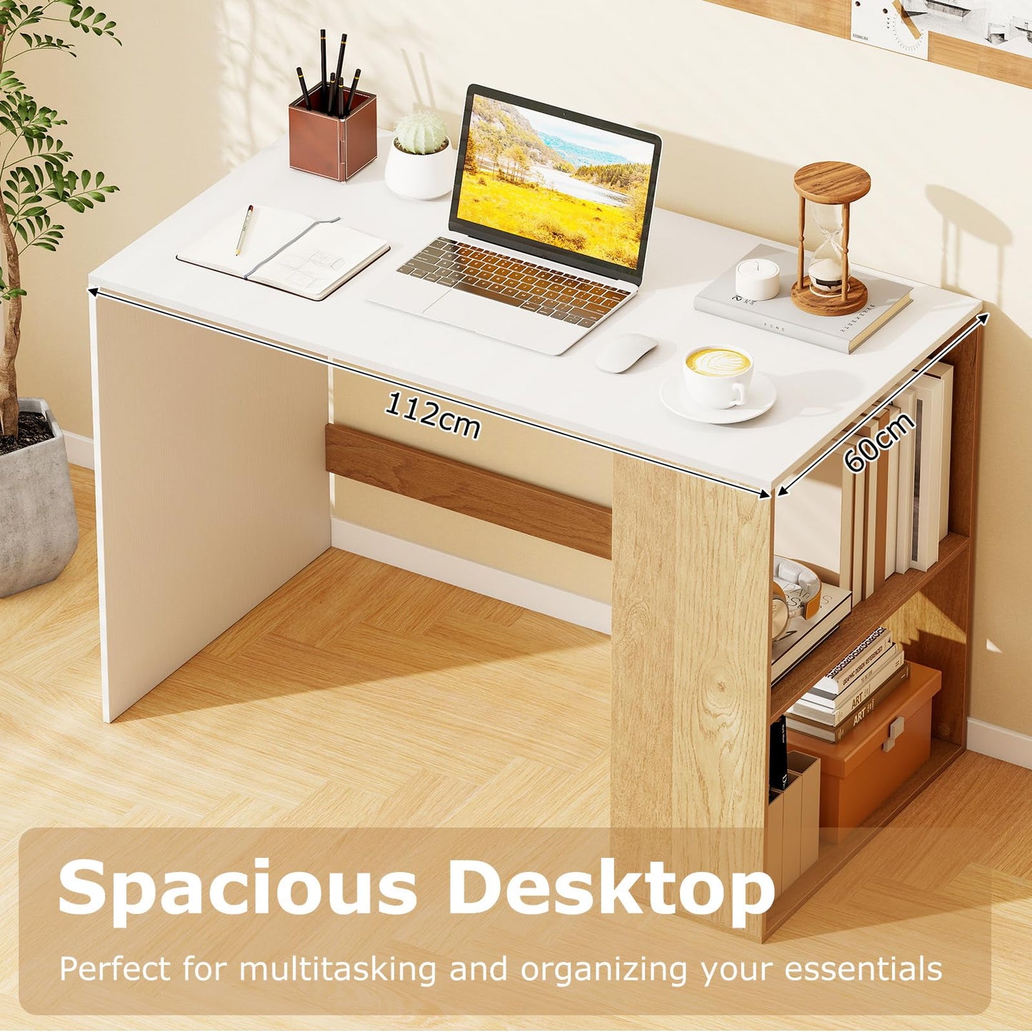 Modern Wooden Office Desk with Storage and 2 Open Shelves
