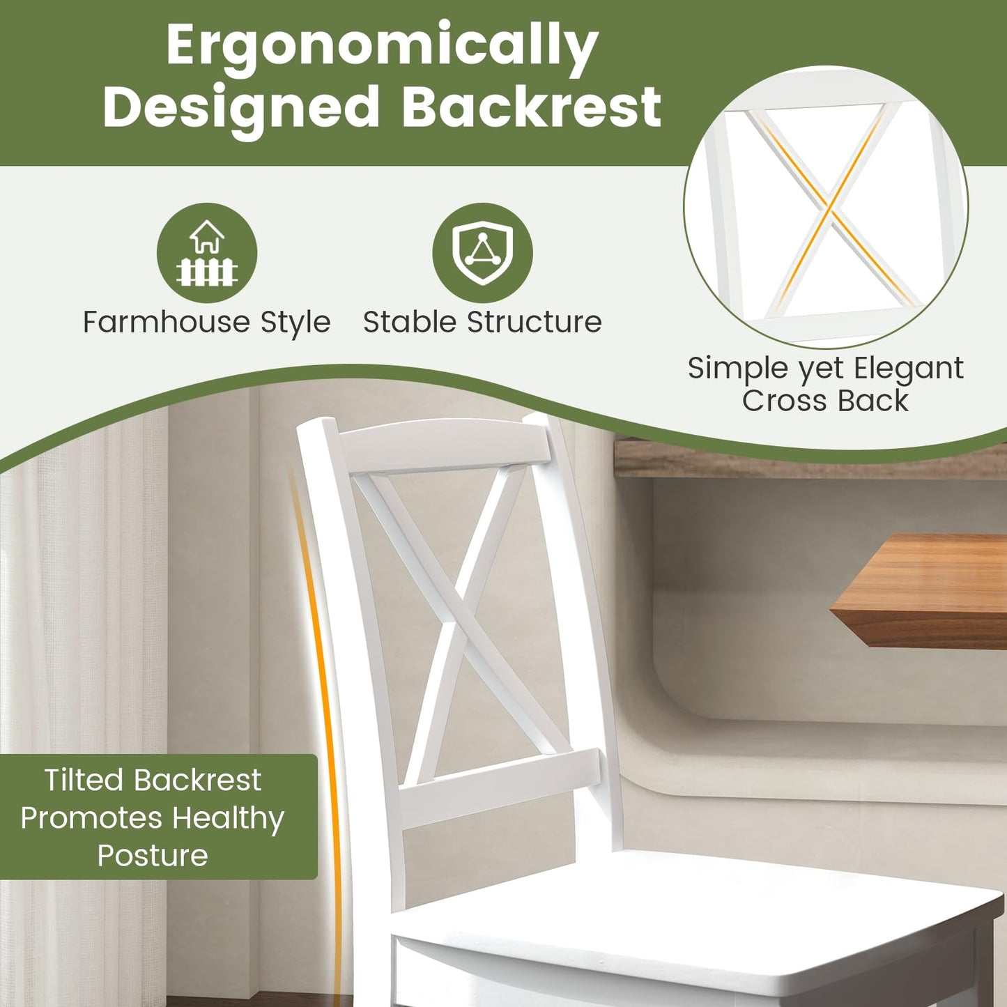 Dining Chairs Set of 2, Wooden Kitchen Chairs with Curved Cross Back Backrest