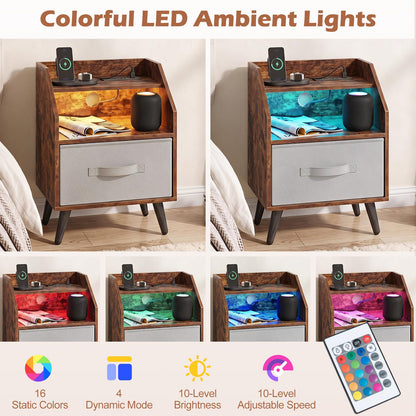 Bedside Table with Charging Station and LED Lights