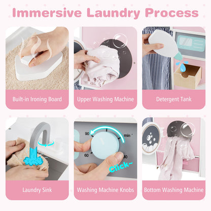 Wooden Kids Laundry Playset Pretend Toy Washing Machine with Laundry Detergent Bottle