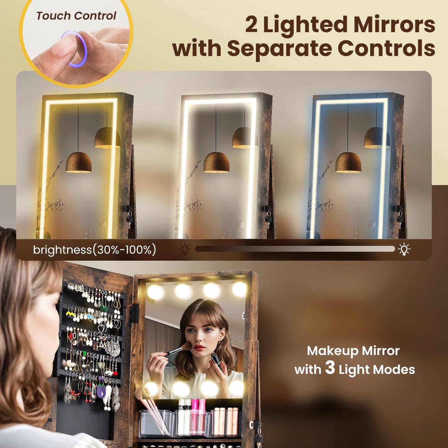 360° Swivel Jewelry Cabinet Freestanding Jewelry Storage Organizer with Lighted Full Length Mirror