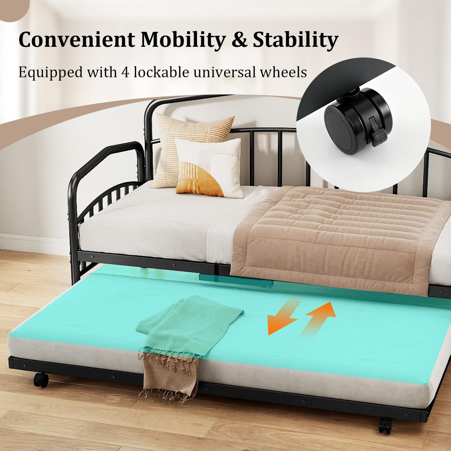 Metal Day Bed with Trundle, Single Bed Frame with Headboard