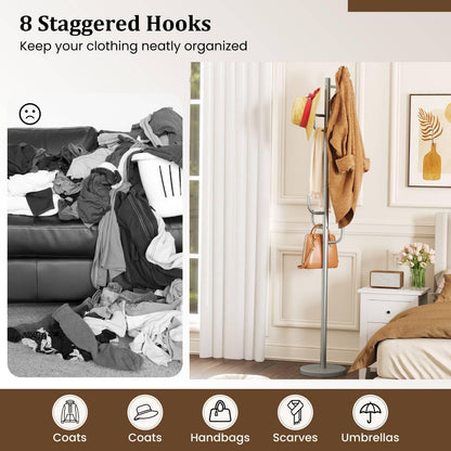 Metal Coat Rack, Freestanding Cactus Clothes Hanger with 8 L-Shaped Hooks