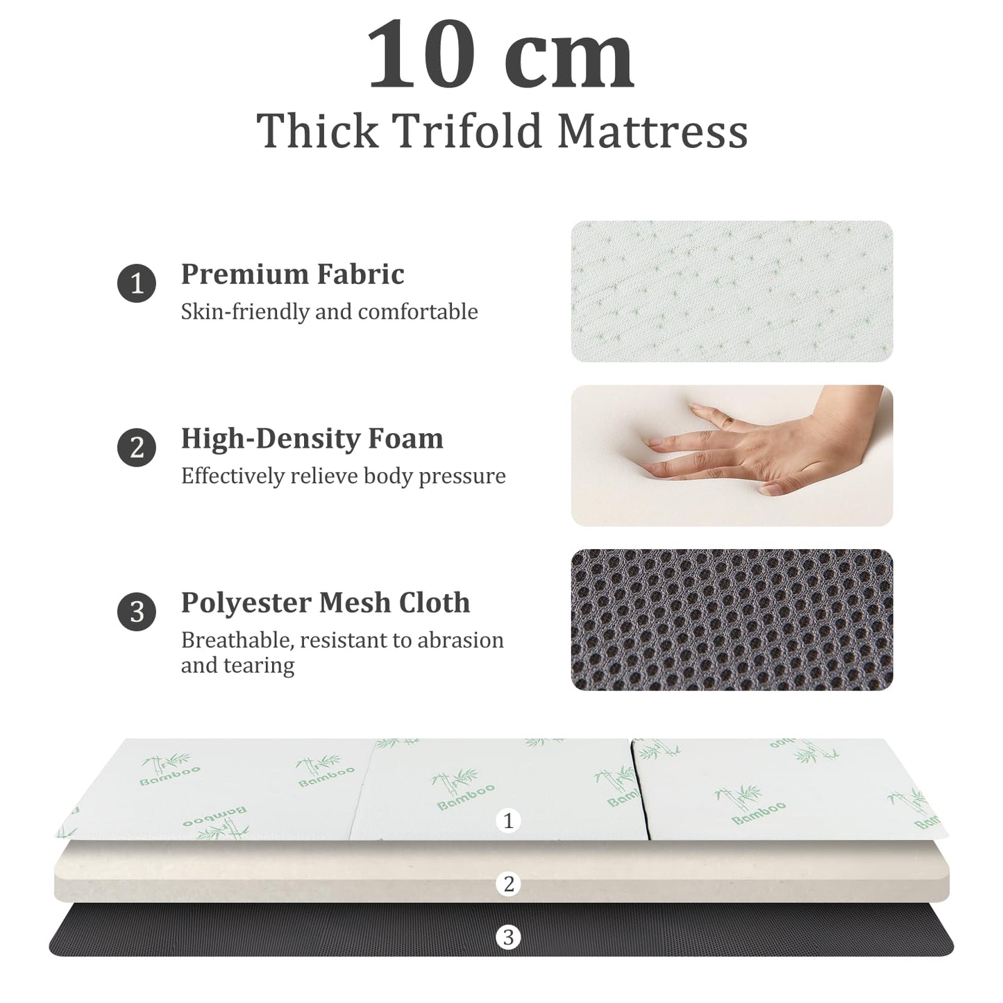 Folding Mattress, Tri Fold Portable Floor Mattresses with Side Handles