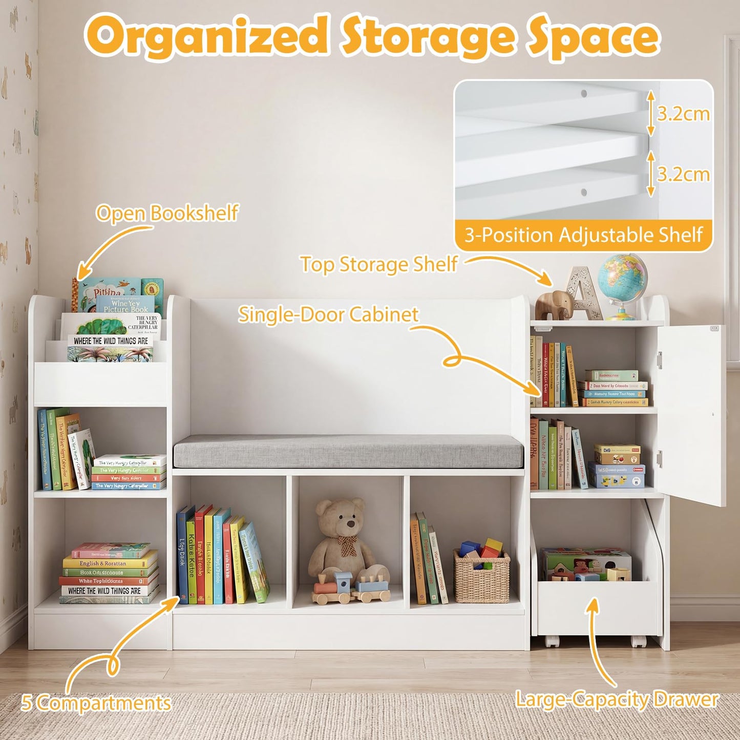 Kids Bookcase and Bookshelf with Reading Nook Toy Storage Organizer with Padded Seat Cushion