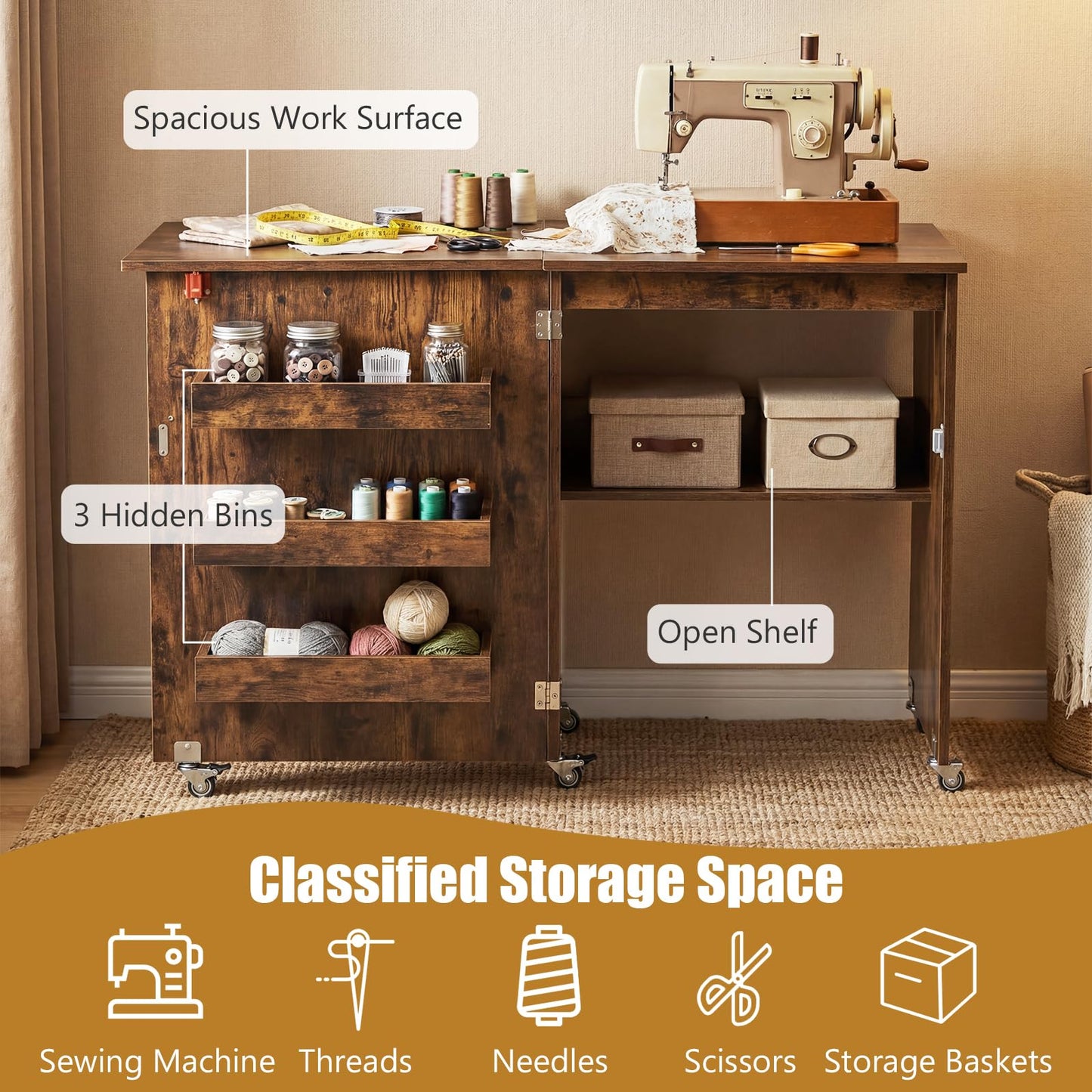 Folding Sewing Table with Storage Shelf and 3 Hidden Bins for Home