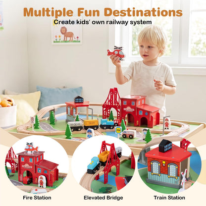 63-Piece Kids Train Table with Storage Drawer Reversible Tabletop and Train Tracks