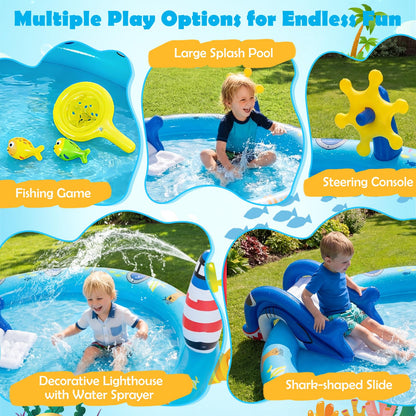 Inflatable Play Center, Marine Life Spray Paddling Pool with Slide & Sprinkle