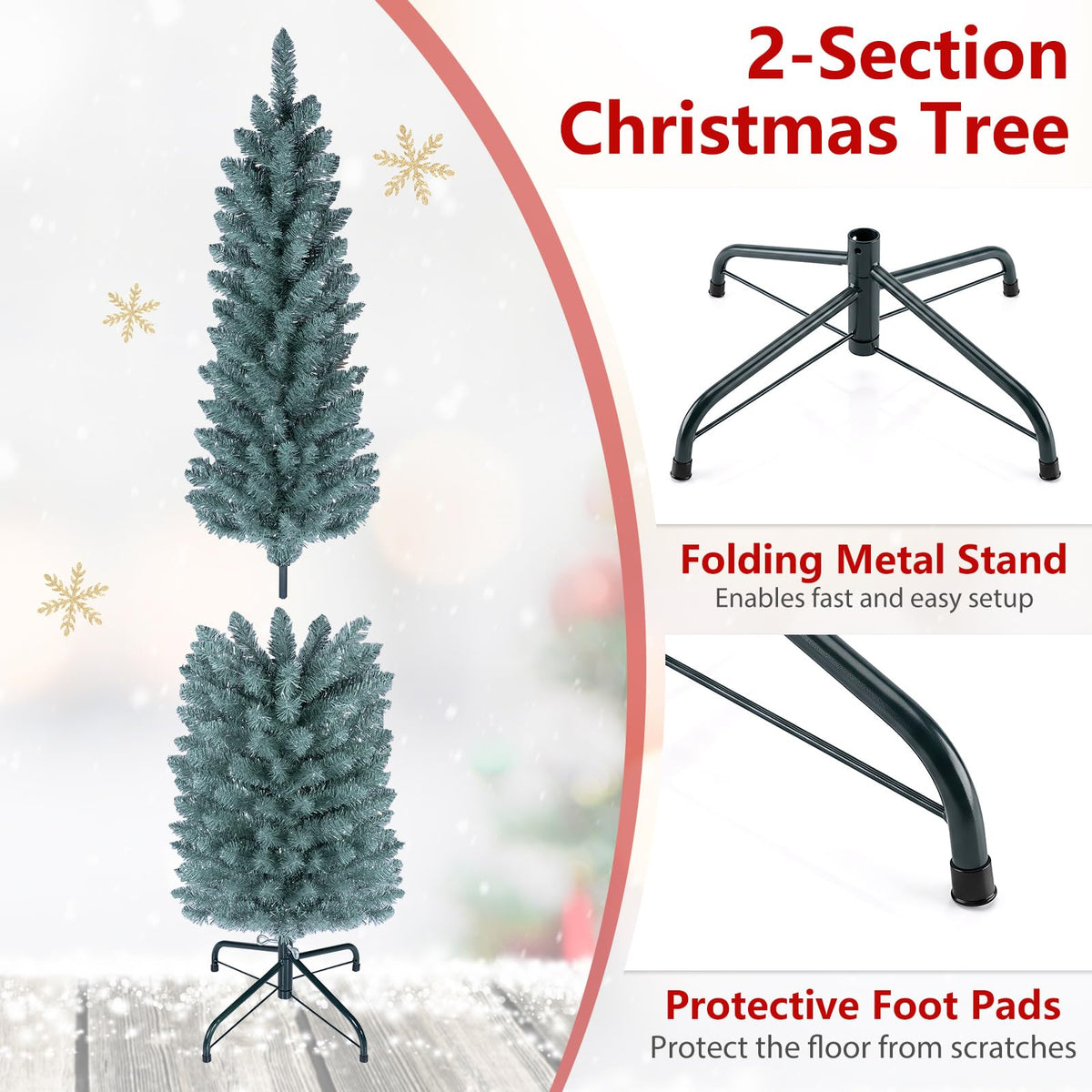 5FT/6FT/7FT Green Pencil Slim Christmas Tree, Traditional Artificial Pine Xmas Tree