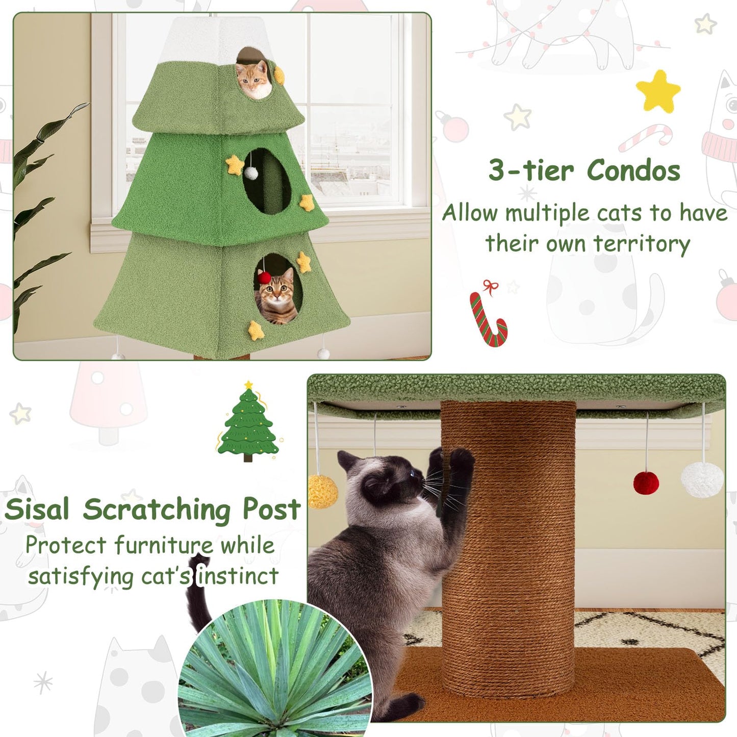 160cm Cute Cat Tower with 3 Condos and Sisal Scratching Post