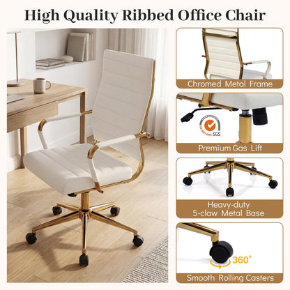 White Gold Office Chair with Ribbed PU Leather & Adjustable Backrest for Indoor