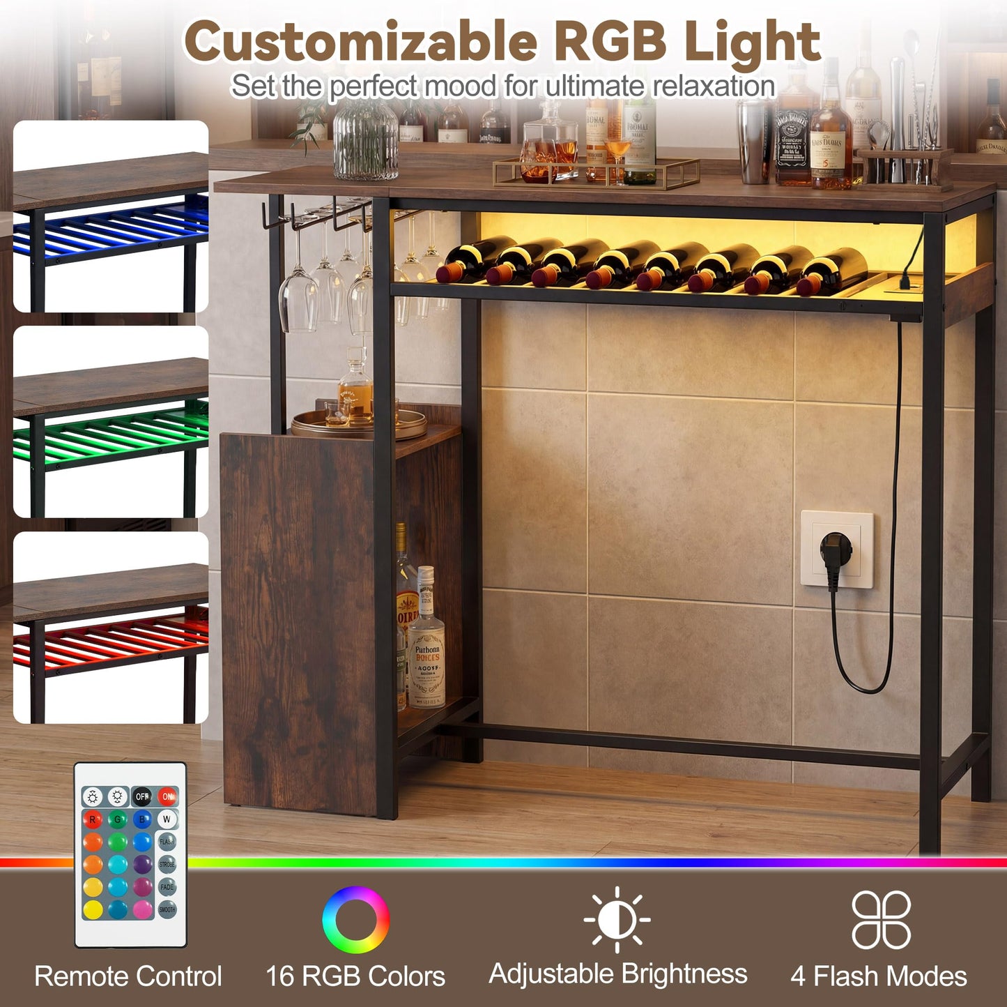 Rectangular Bar Table with RGB Light and 8-Bottle Wine Rack