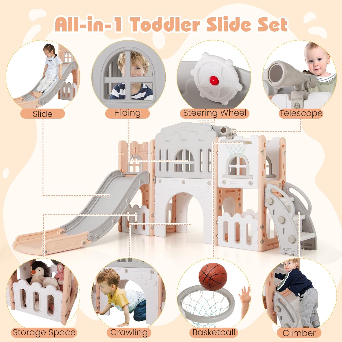 All in 1 Toddler Slide Playset Freestanding Kids Slide with Tunnel