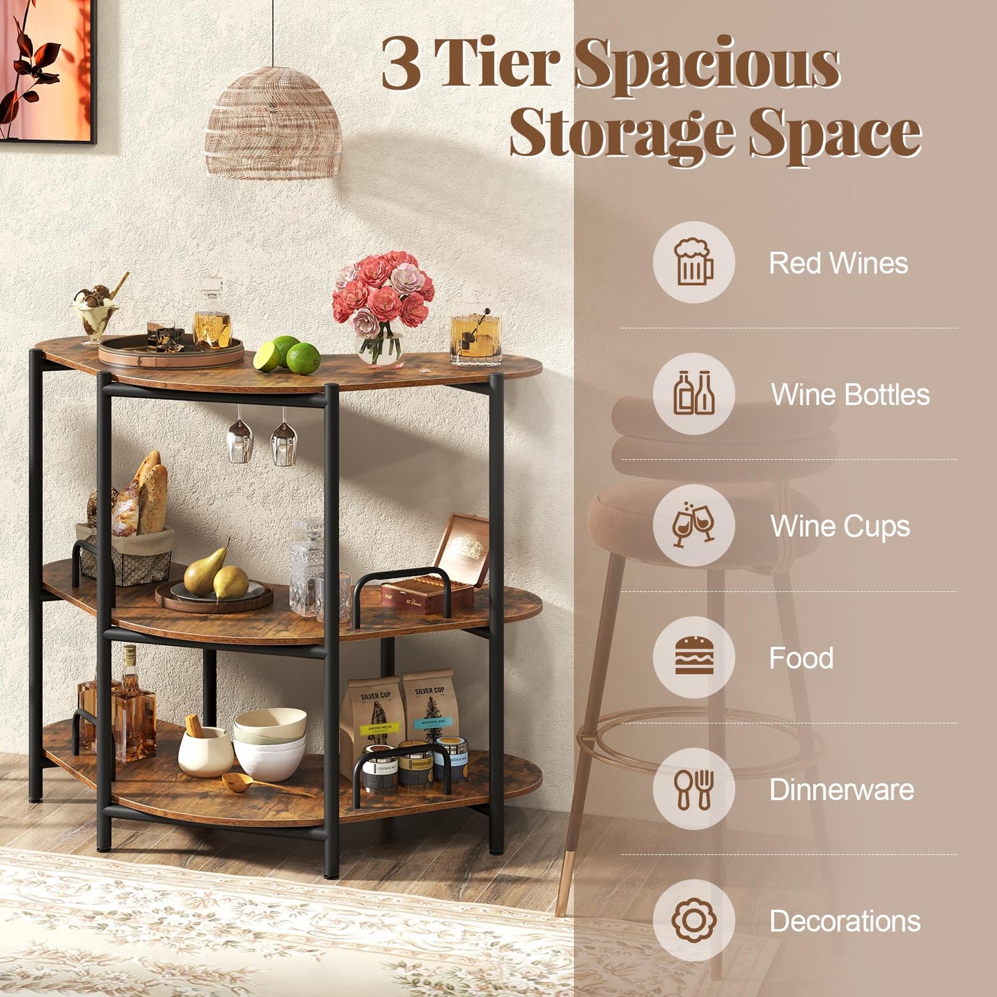 3-Tier Home Bar Unit with Stemware Racks and Storage Shelves