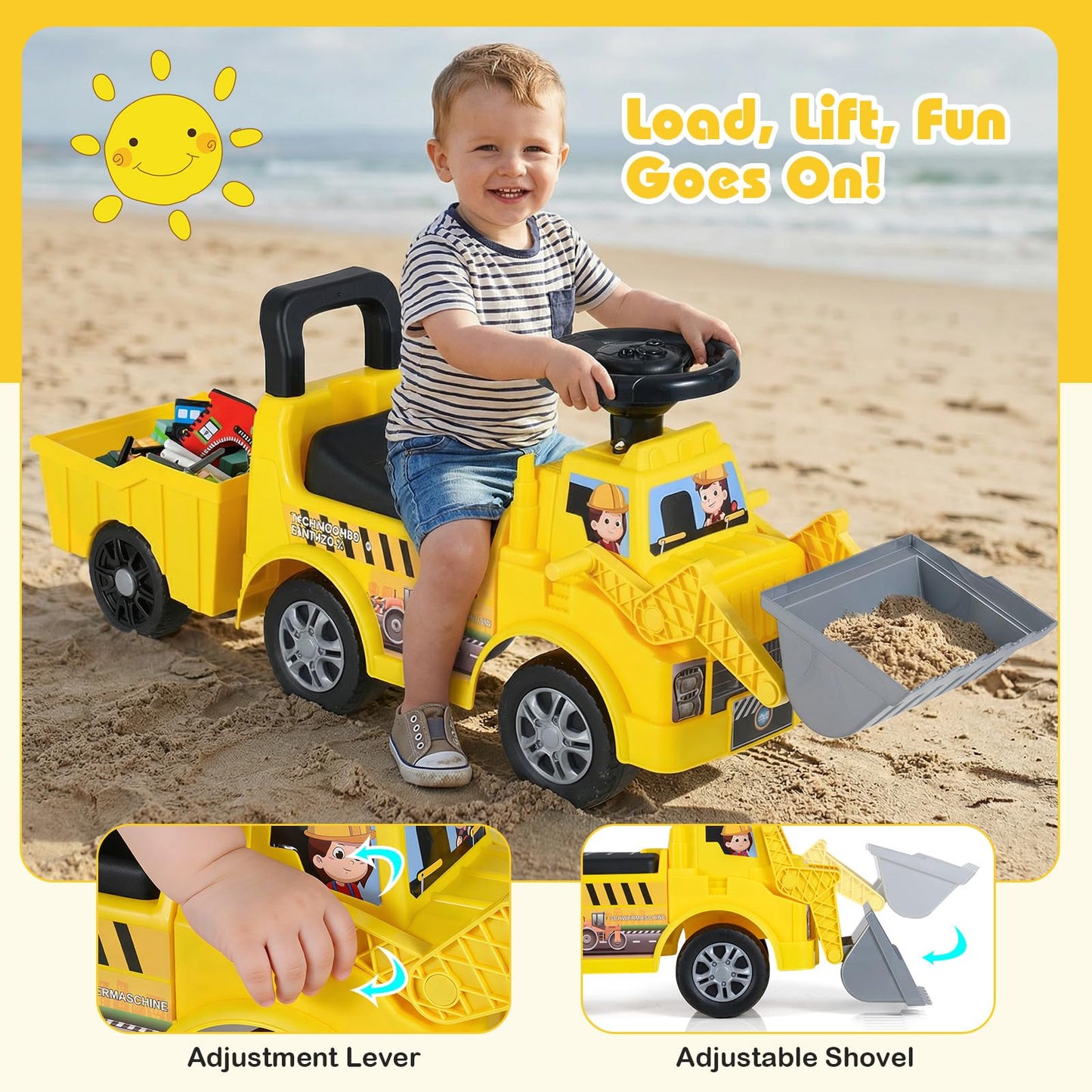 Kids Ride on Excavator, No Power Toddler Digger Ride on Push Car with Shovel