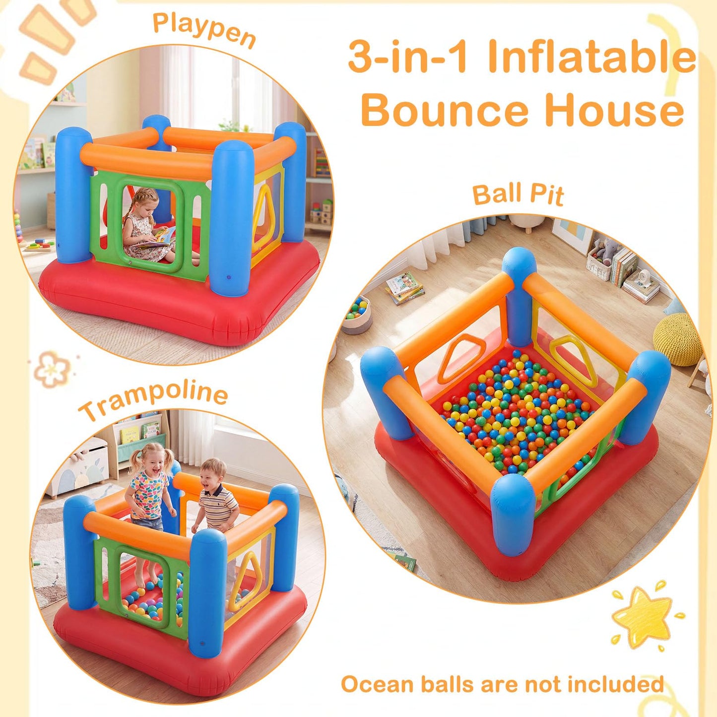 Inflatable Bounce House, Kids Blow Up Bouncy Castle with Transparent Side Walls