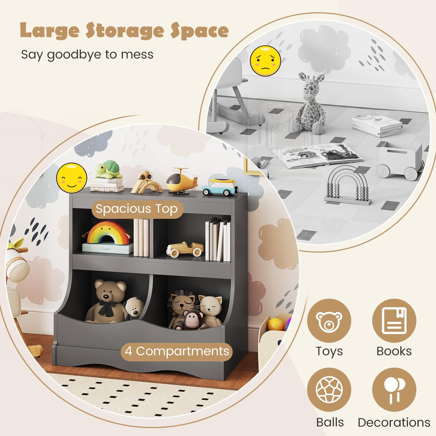 Kids Bookcase, Wooden Toy Storage Unit with Shelves and Compartments