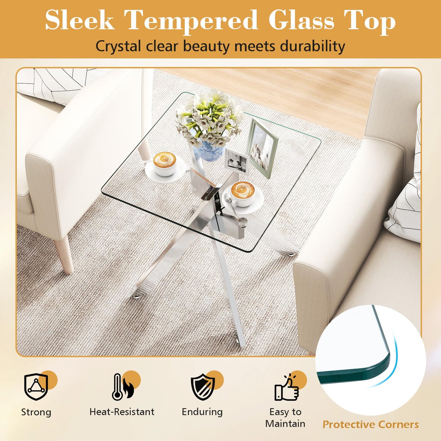 Tempered Glass Side Table, Square Sofa End Table Nightstand