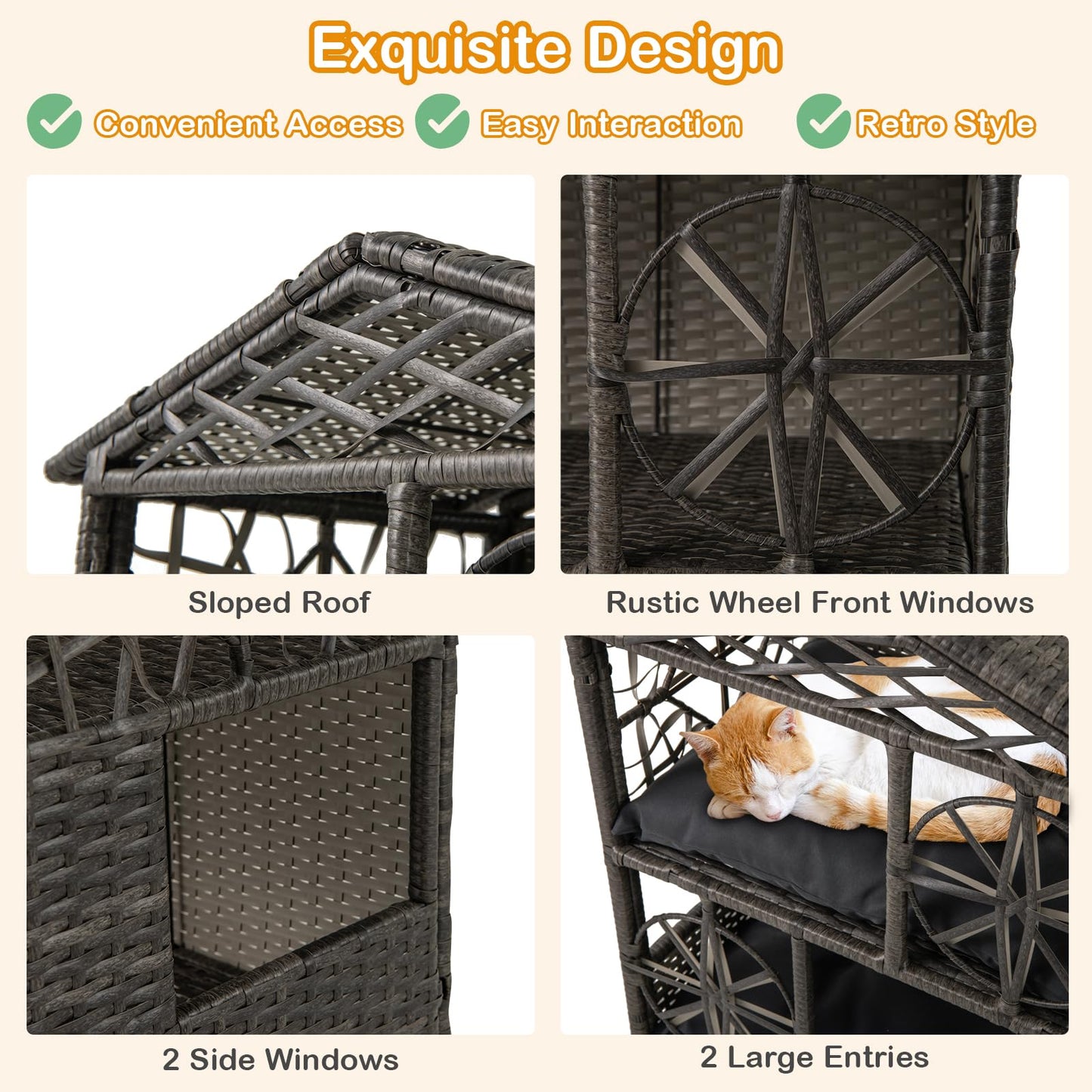 2-storey Wicker Cat House with Removable Cushions
