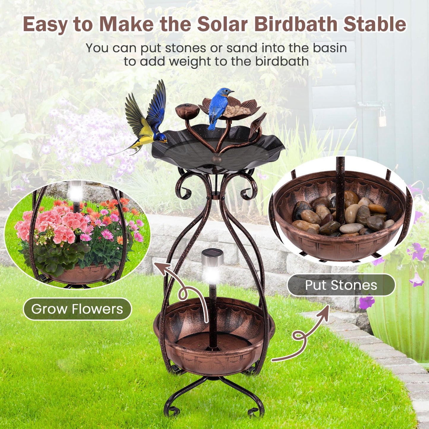 Outdoor Bird Feeder and Bath with Solar Light