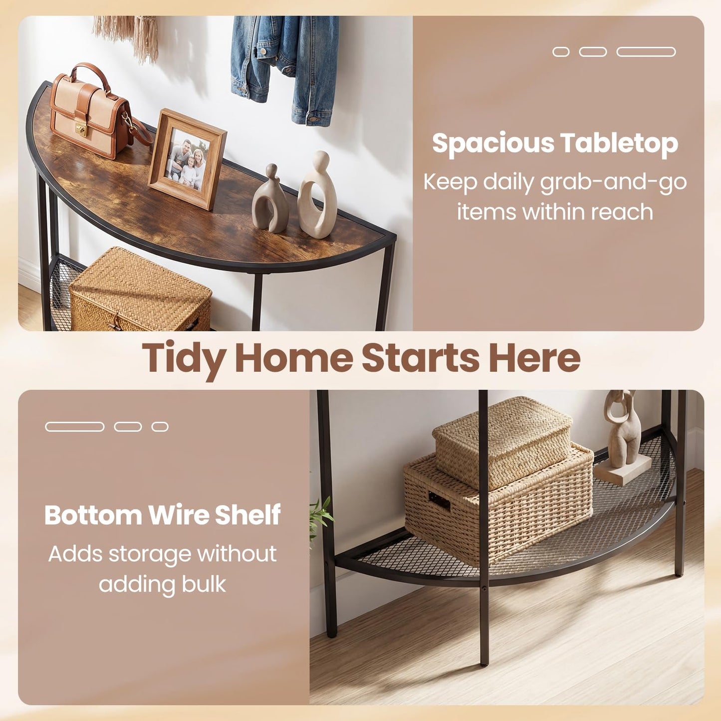 2-Tier Console Table, Half Moon Industrial Narrow Entryway Table