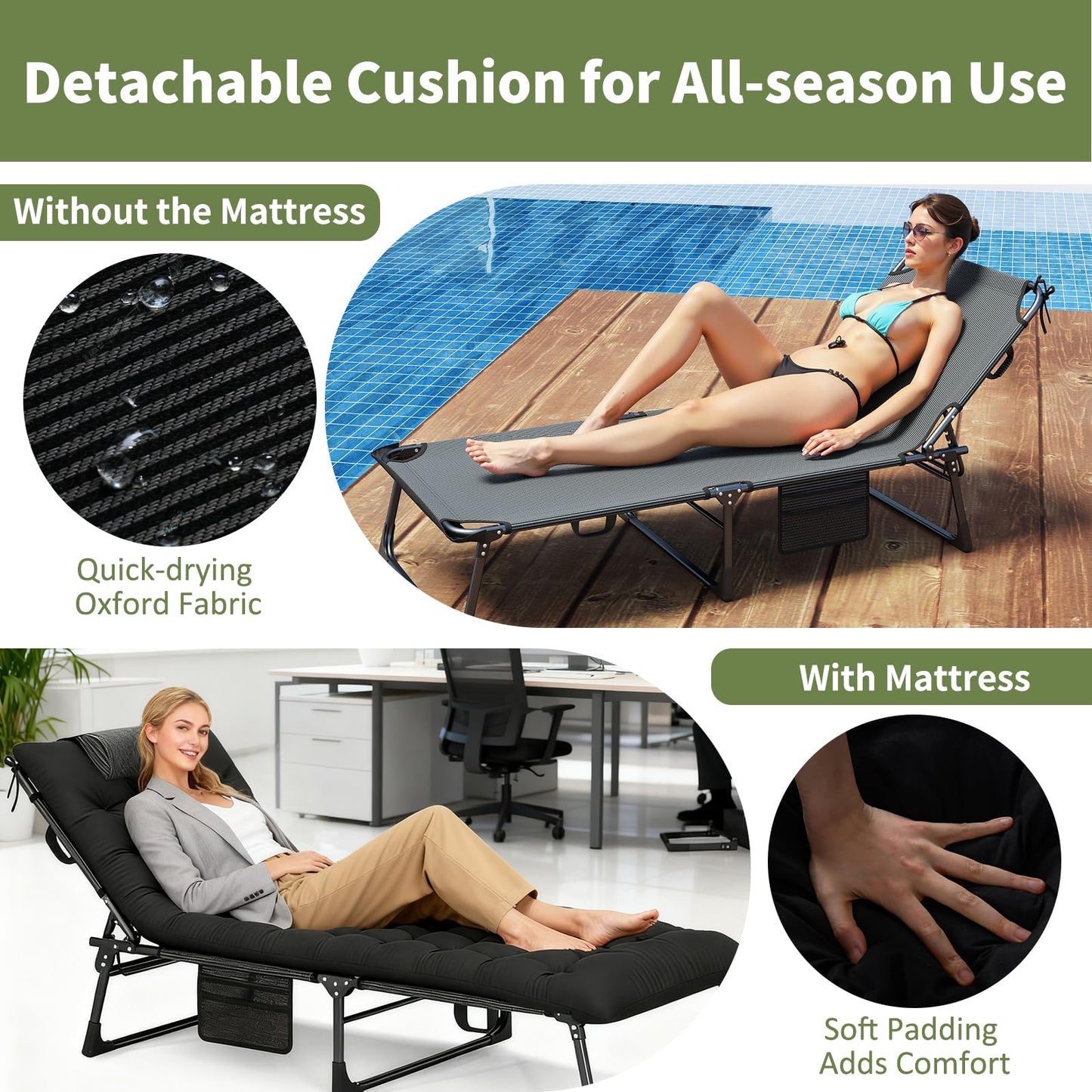 Folding Sun Lounger, 4-Level Adjustable Garden Reclining Chaise Lounge Chair Sunbed