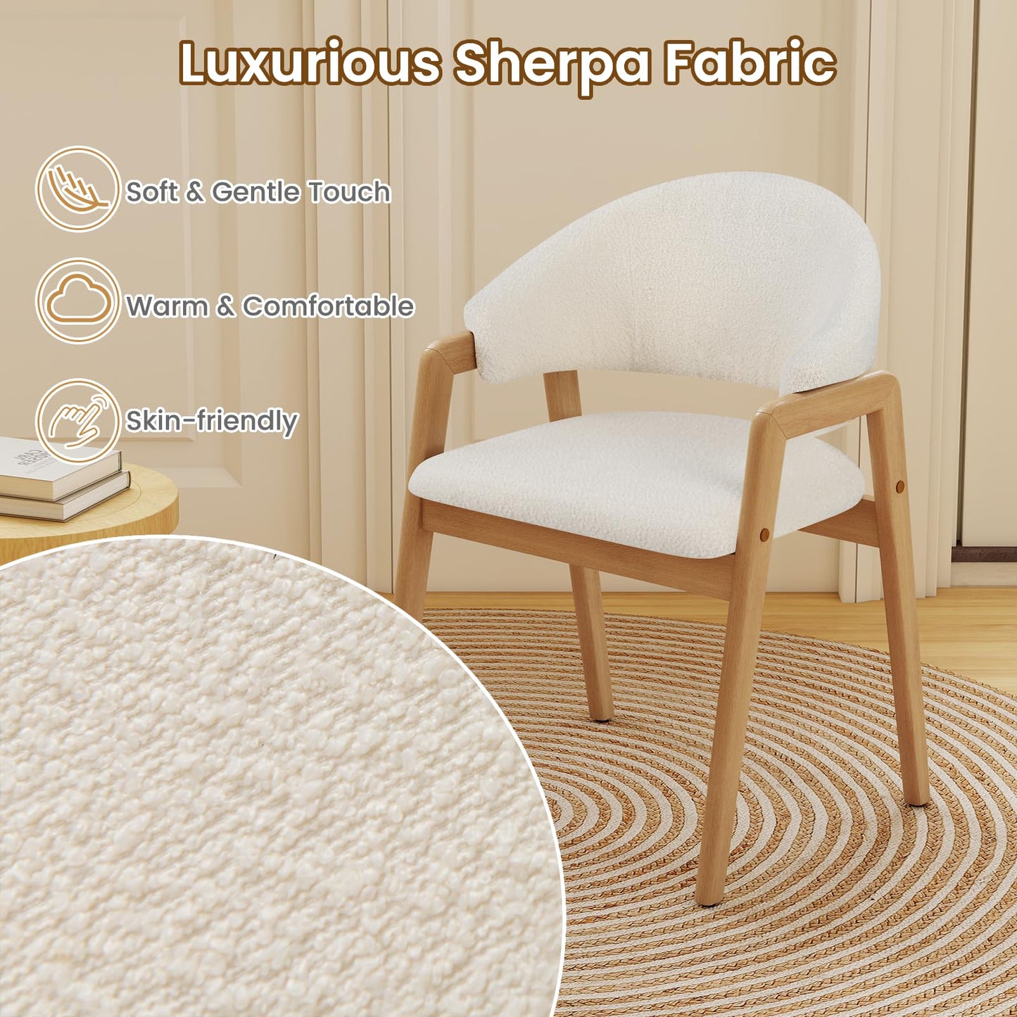 Dining Chairs Set of 2, Sherpa Fabric Upholstered Kitchen Chairs with Rubber Wood Frame