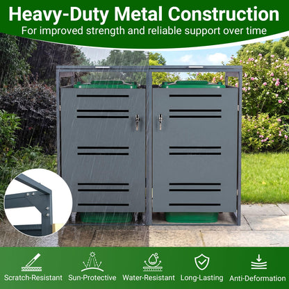 Outdoor Metal Garbage Bin Storage Shed for 2 Trash Cans
