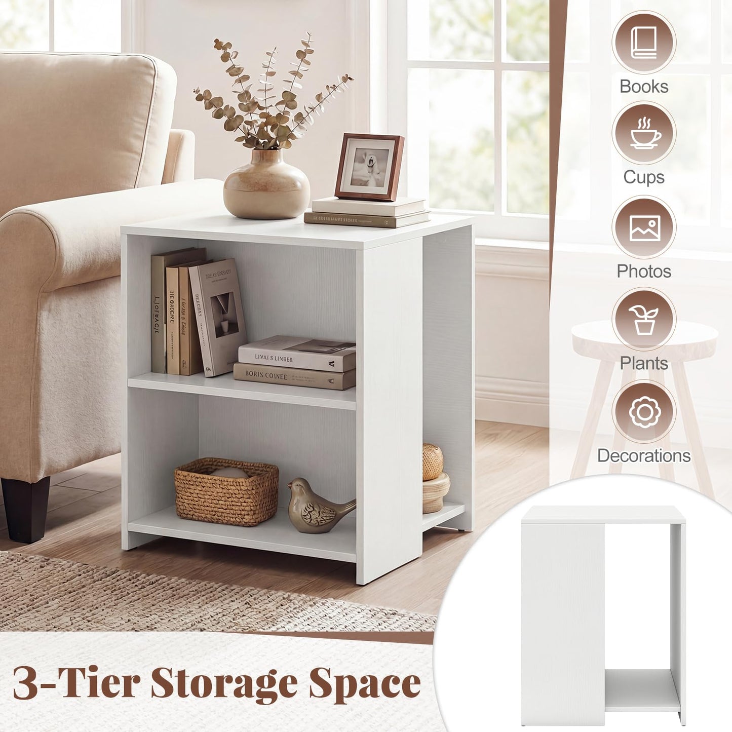 3-Tier Sofa Side Table, Square Nightstand End Table