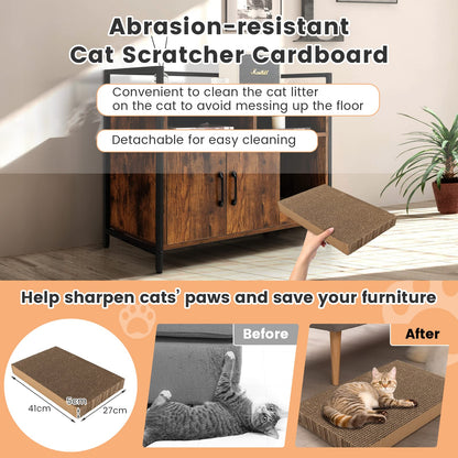 Wooden Cat Litter Box Enclosure with Compartments and Scratching Board