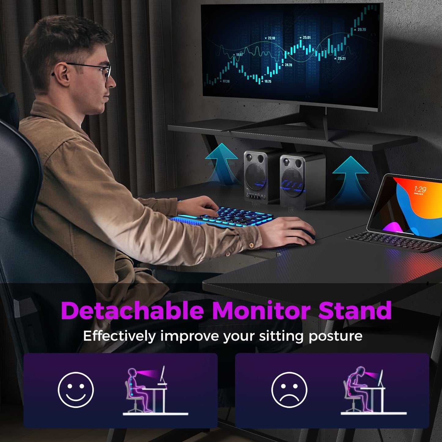 L-Shaped Gaming Desk with Outlets USB Ports and Monitor Shelf