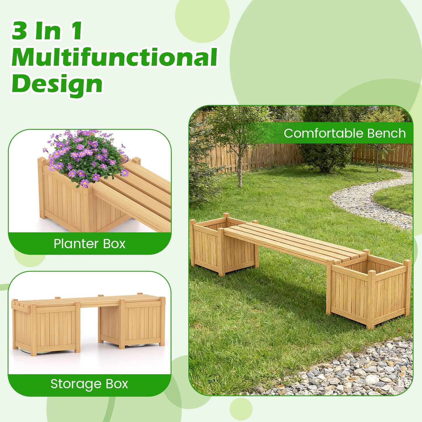 3-in-1 Wooden Planter with Bench, Raised Garden Bed with Seat and Open-ended Bottom