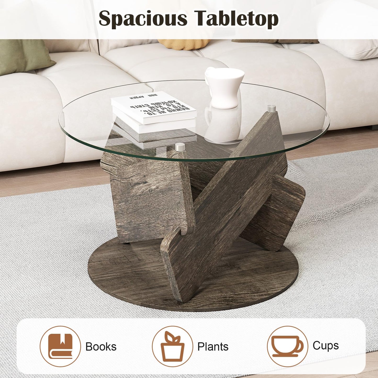 Round Glass Coffee Table 81cm Modern Center Table with Tempered Glass Top