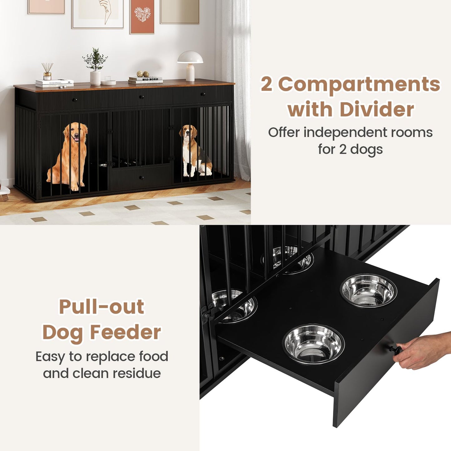 Heavy Duty Dogs Cage with Double Doors and Divider Indoor Puppy Kennel Side Table