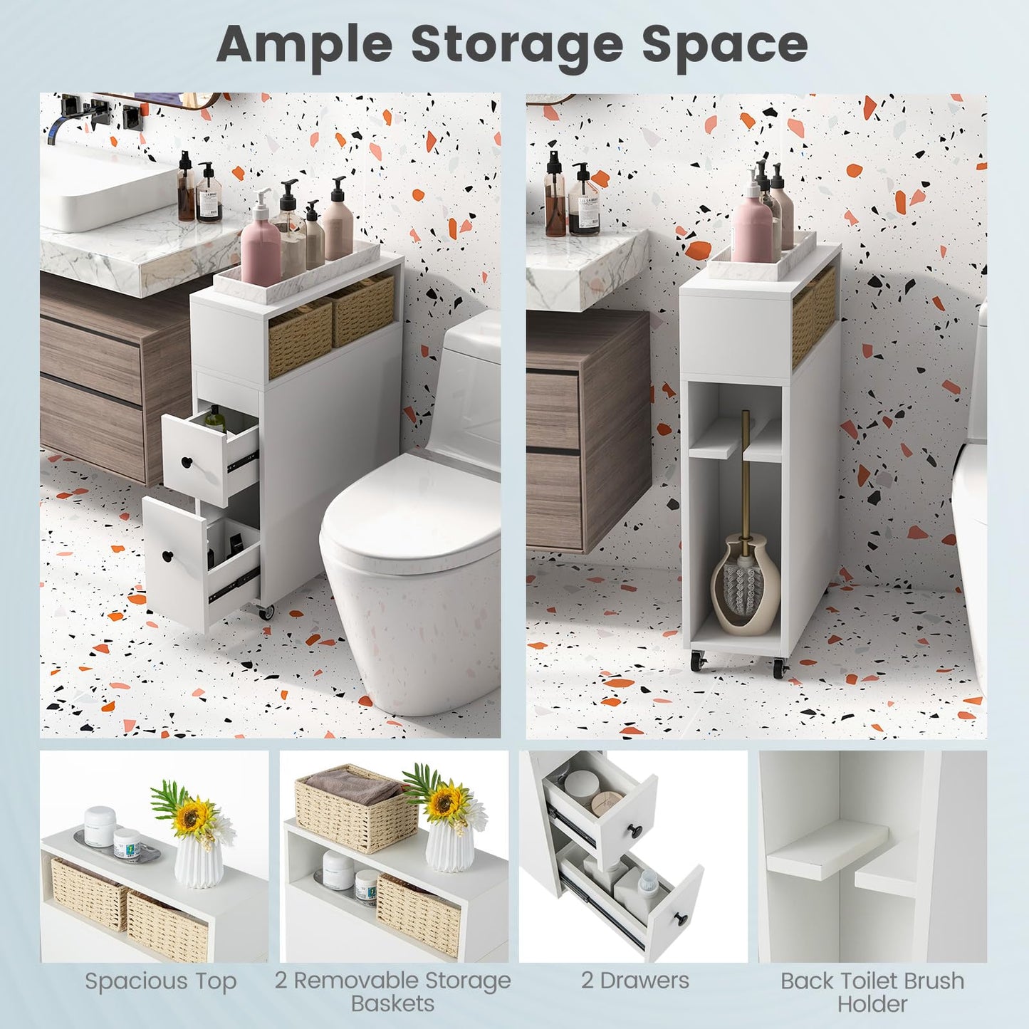 Mobile Narrow Bathroom Storage Unit with 2 Slide Out Drawers