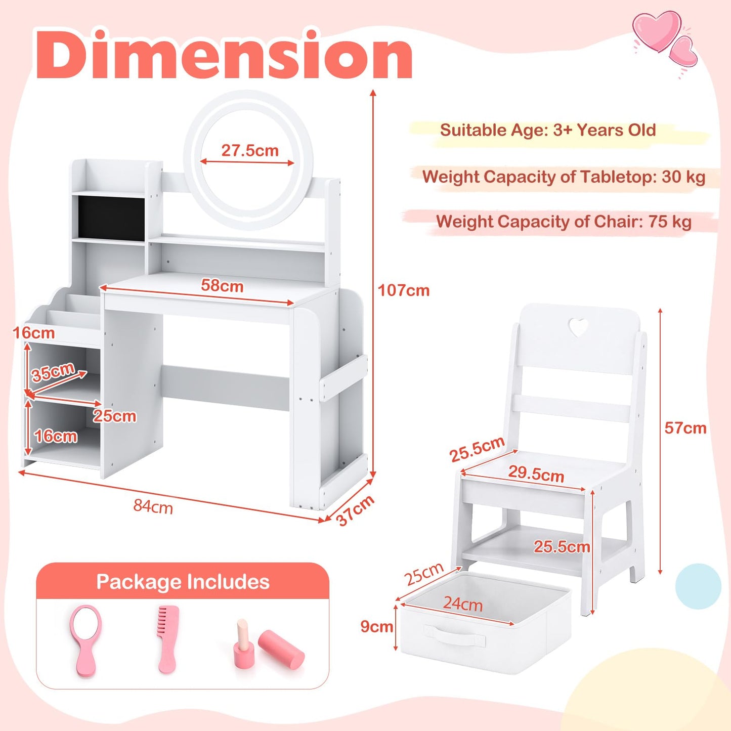 Kids Dressing Table with Lighted Mirror (White, With Storage