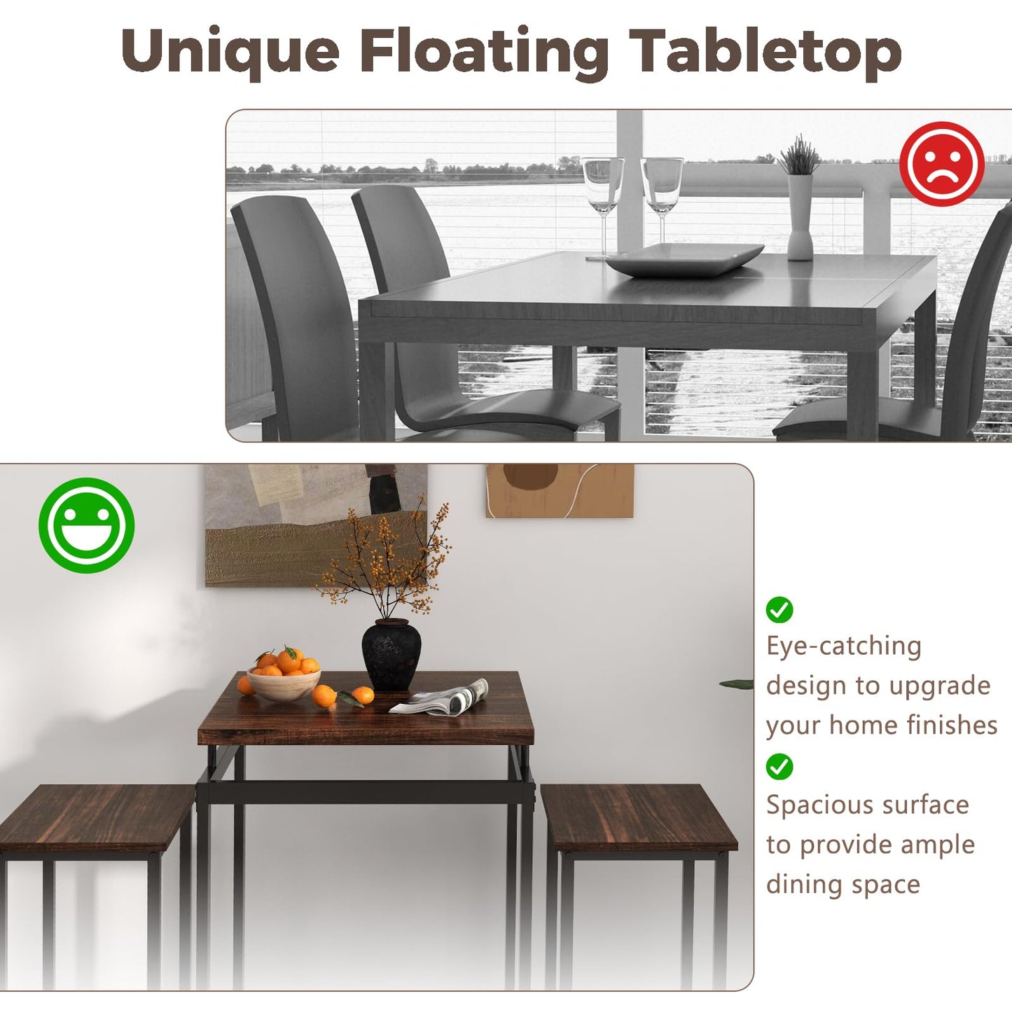 Counter Height Table and 2 Stools set with Floating Tabletop and Footrest for Small Space