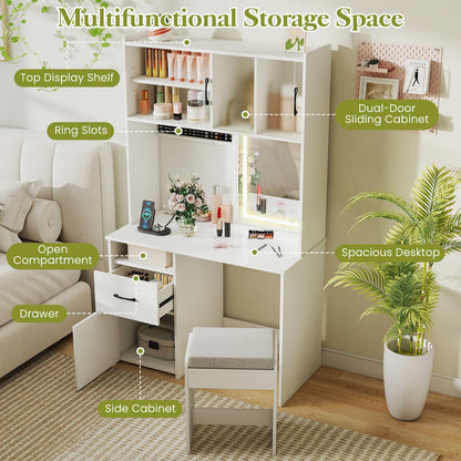 Dressing Table with LED Mirror and Stool, Wooden Makeup Table Vanity Desk Set