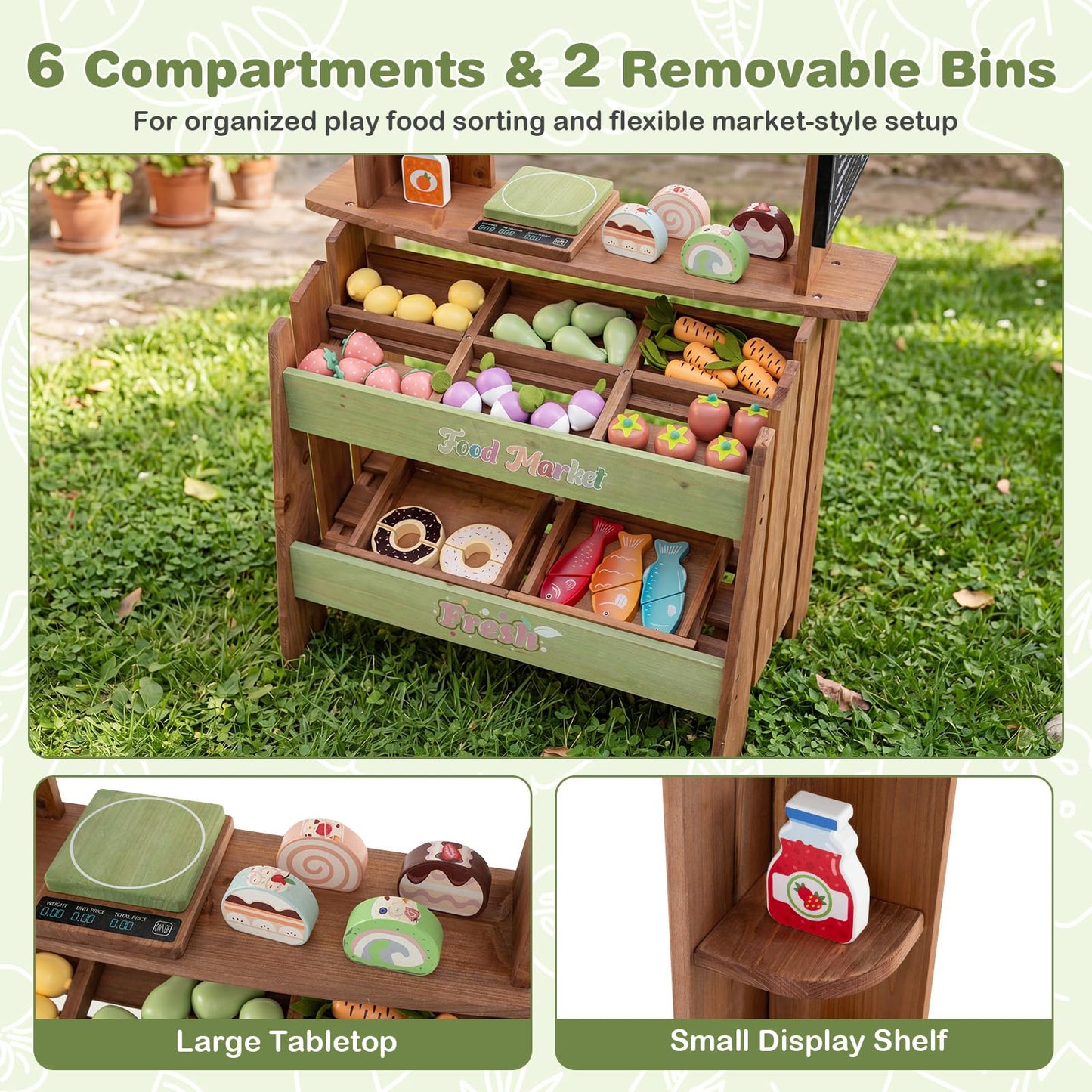 Wooden Kids Grocery Store Playset with Chalkboard | Indoor Outdoor Farm Market Stand
