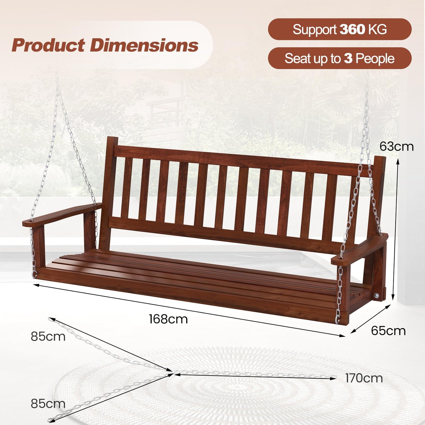 2/3 Person Wooden Outdoor Porch Swing with Adjustable Upper Chains