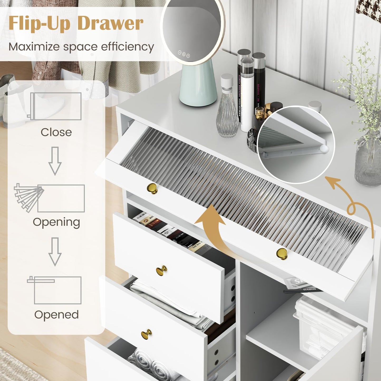 Giantex Wooden Chest of Drawers 3-Drawer Dresser Storage Cabinet with Flip Up Fluted Glass Door & Adjustable Shelf