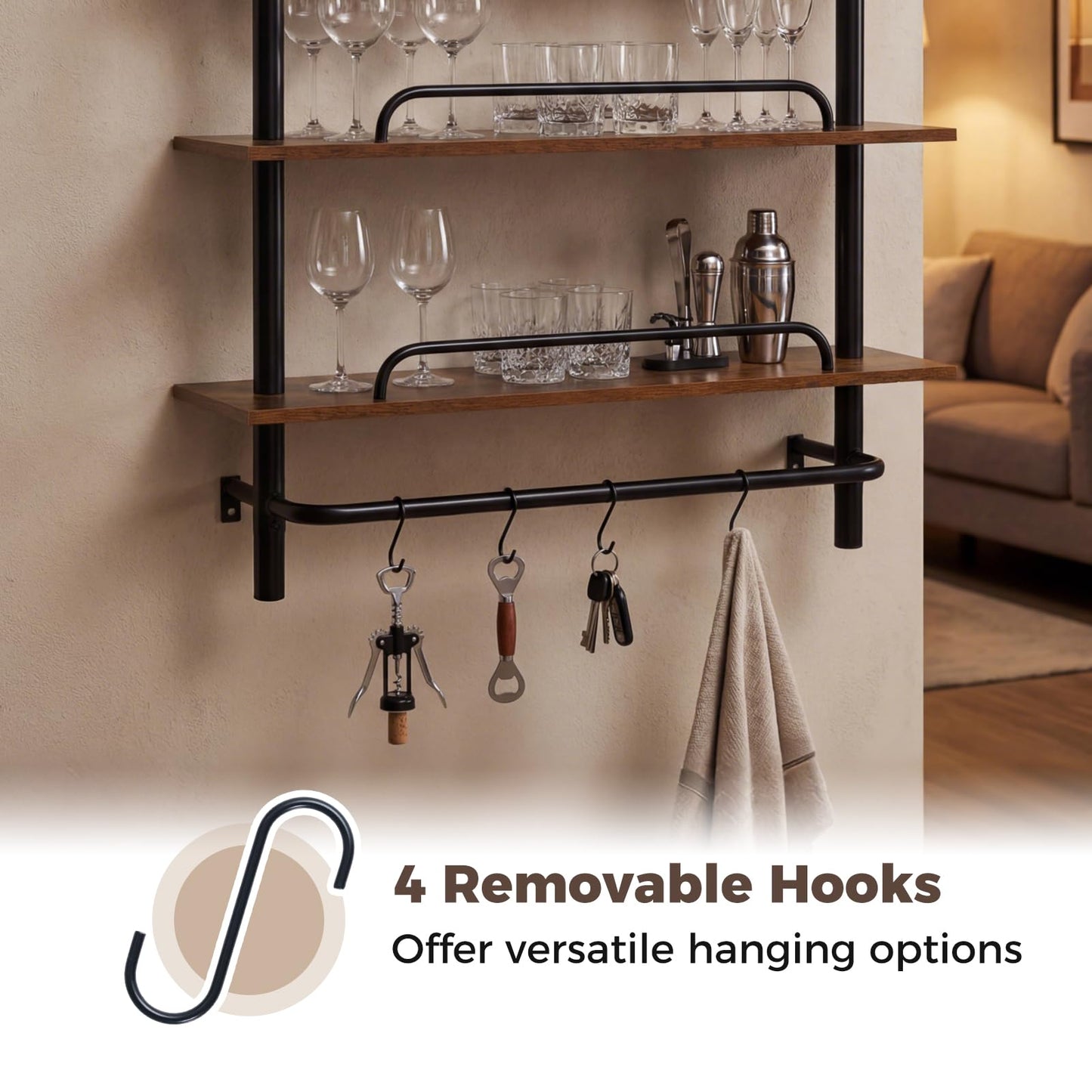 3-Tier Industrial Floating Shelves for Wall with 4 S-Shaped Hooks