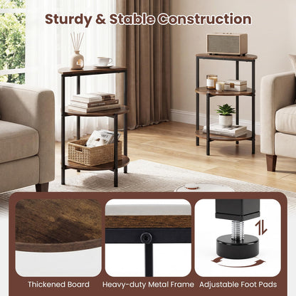 3-Tier Round Side Table, Industrial Nightstand Bedside Table with Storage Shelves