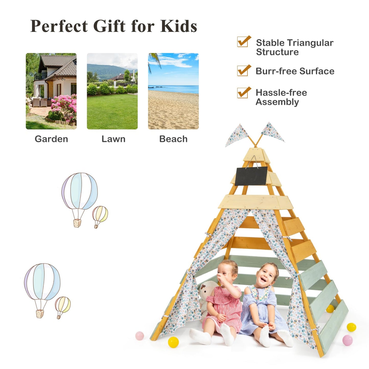 Wooden Play Tent Kids Teepee Tent with Door Curtains for Children 3-8 Years Old