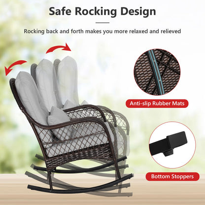 Wicker Rocking Armchair Relax Rocker Lounge Chair with Lumbar Pillow & Cushion