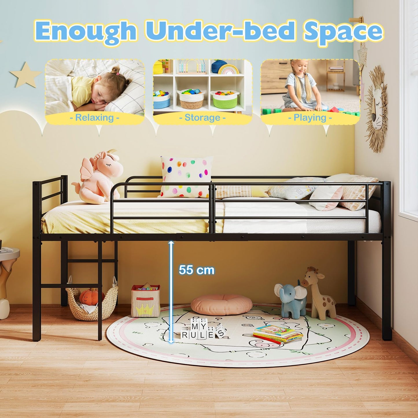 Single Size Low Loft Bed Metal Bed Frame with Safety Guardrails and 2 Ladders