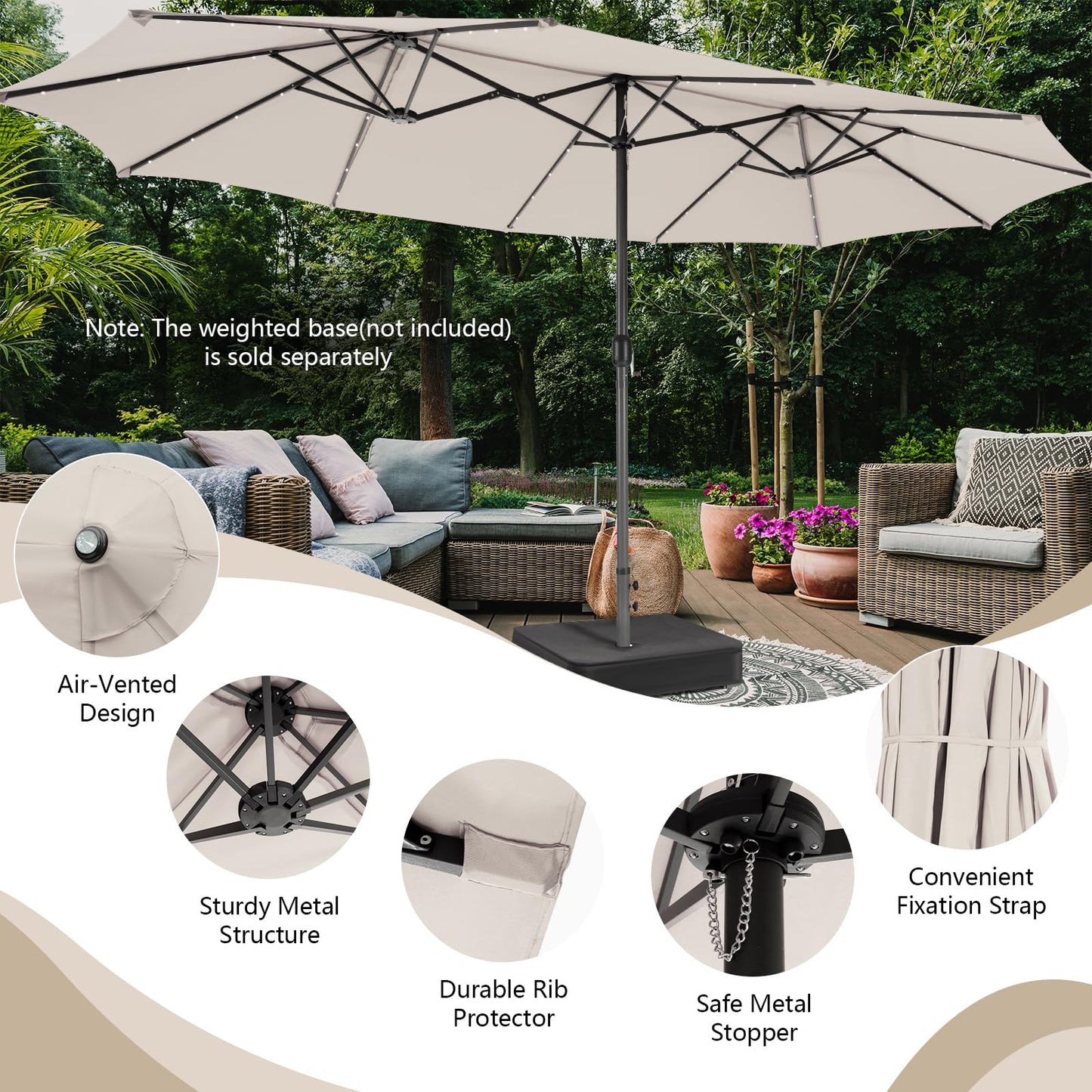 460 cm Twin Patio Umbrella with 48 LED Lights and Auto-Charging Solar Panel