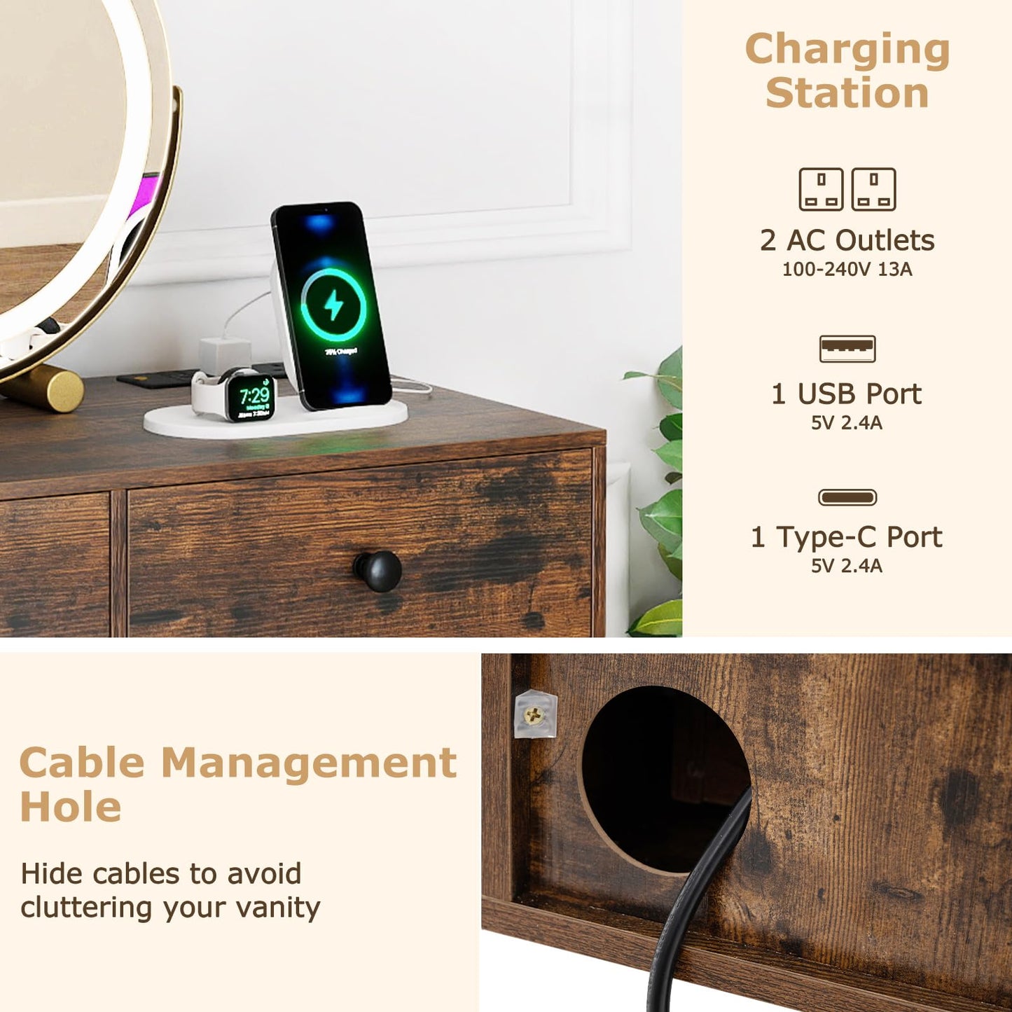 Dressing Table with 360° Rotation LED Mirror and Stool, Makeup Table Vanity Desk Set with Charging Station