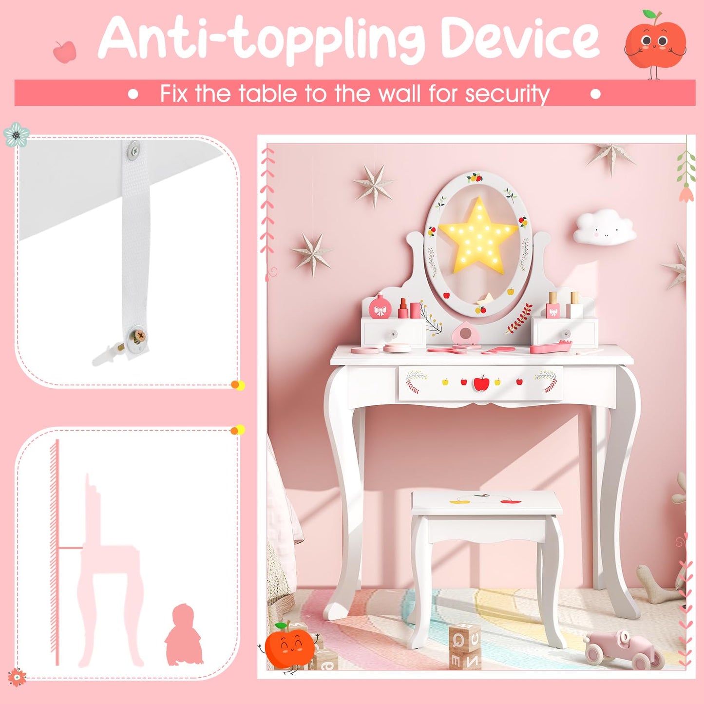 Princess Pretend Play Kids Vanity Set with 360° Rotating Mirror