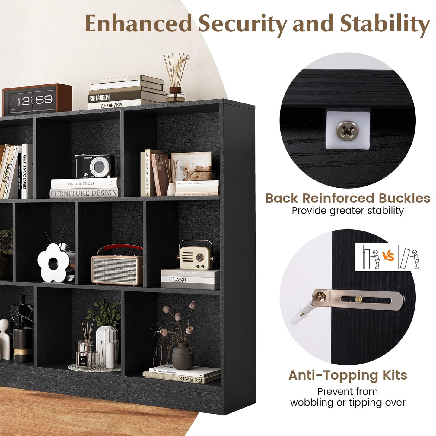 10-Cube Bookshelf Freestanding Storage Organizer with 2 Anti-Tipping Kits